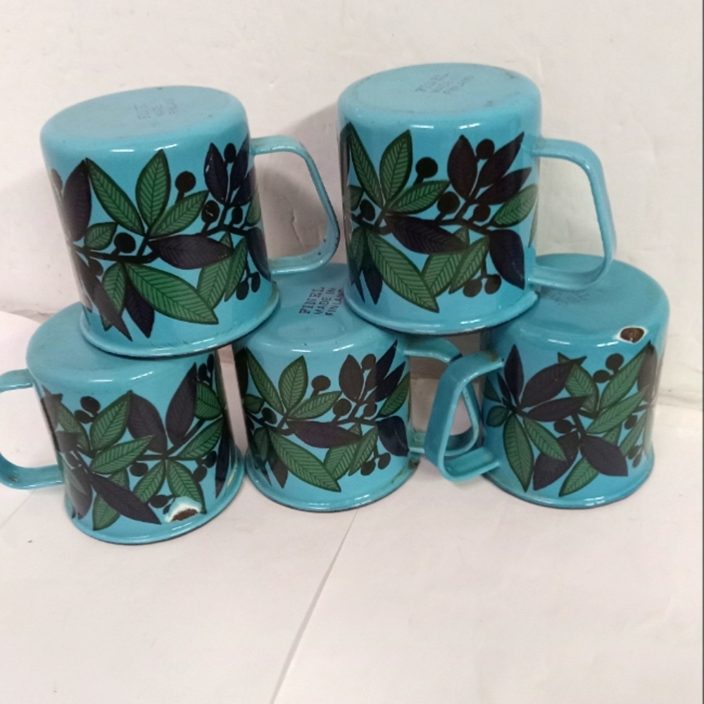 5 Finel Retired Enamel Cups Kaj Franck Metal Arabia Berries Floral Finland,Rare